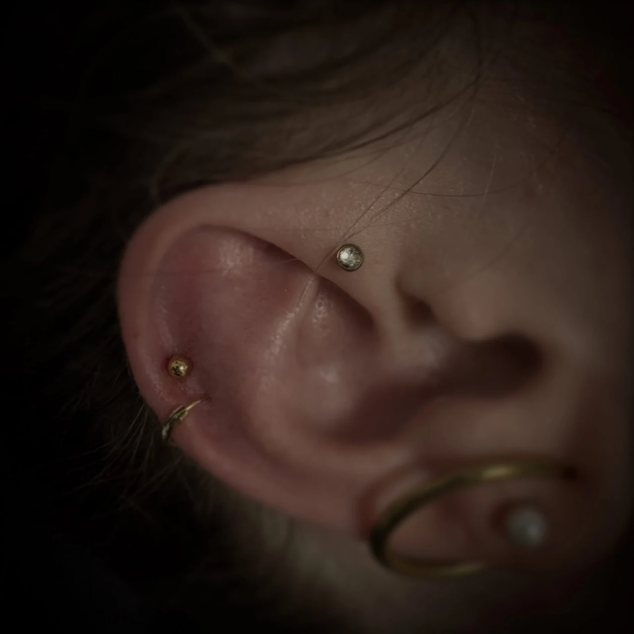 Detailaufnahme eines Ohrs mit mehreren Piercings